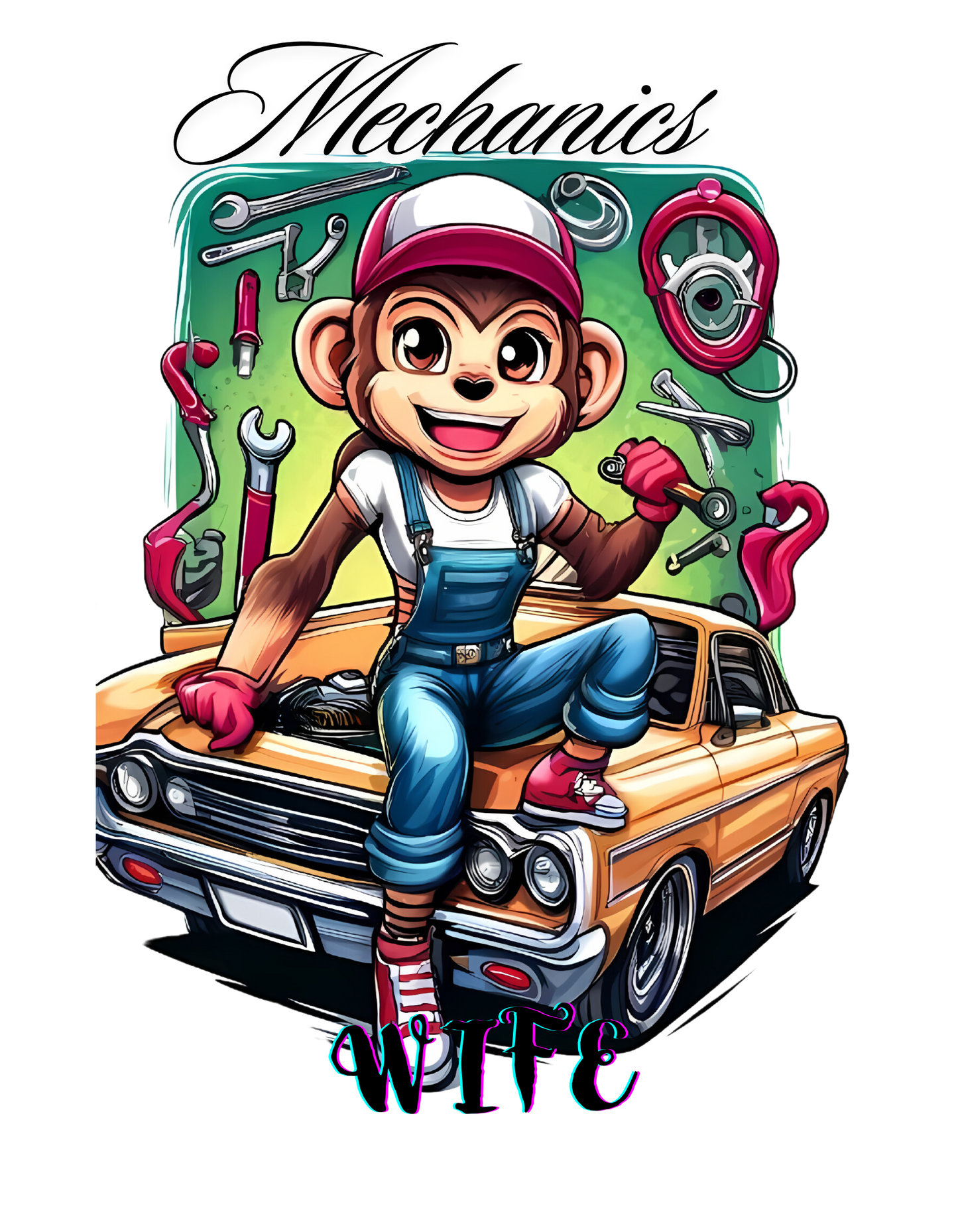 Mechanics Wife Tank Top with Playful Woman Monkey Mechanic