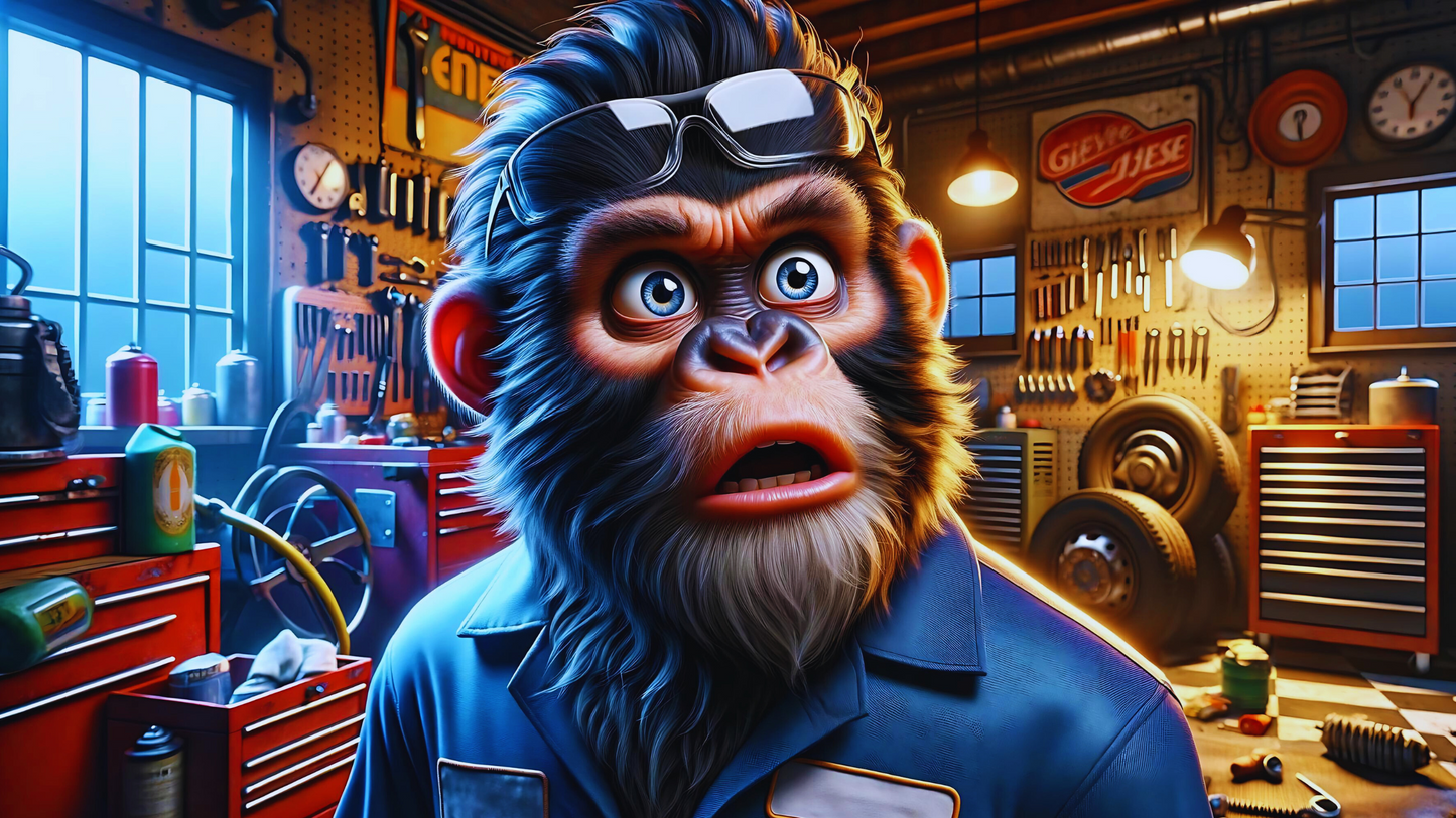 "Surprised Ape Mechanic Poster - Unique Cartoon-Style Art for Garage Decor"