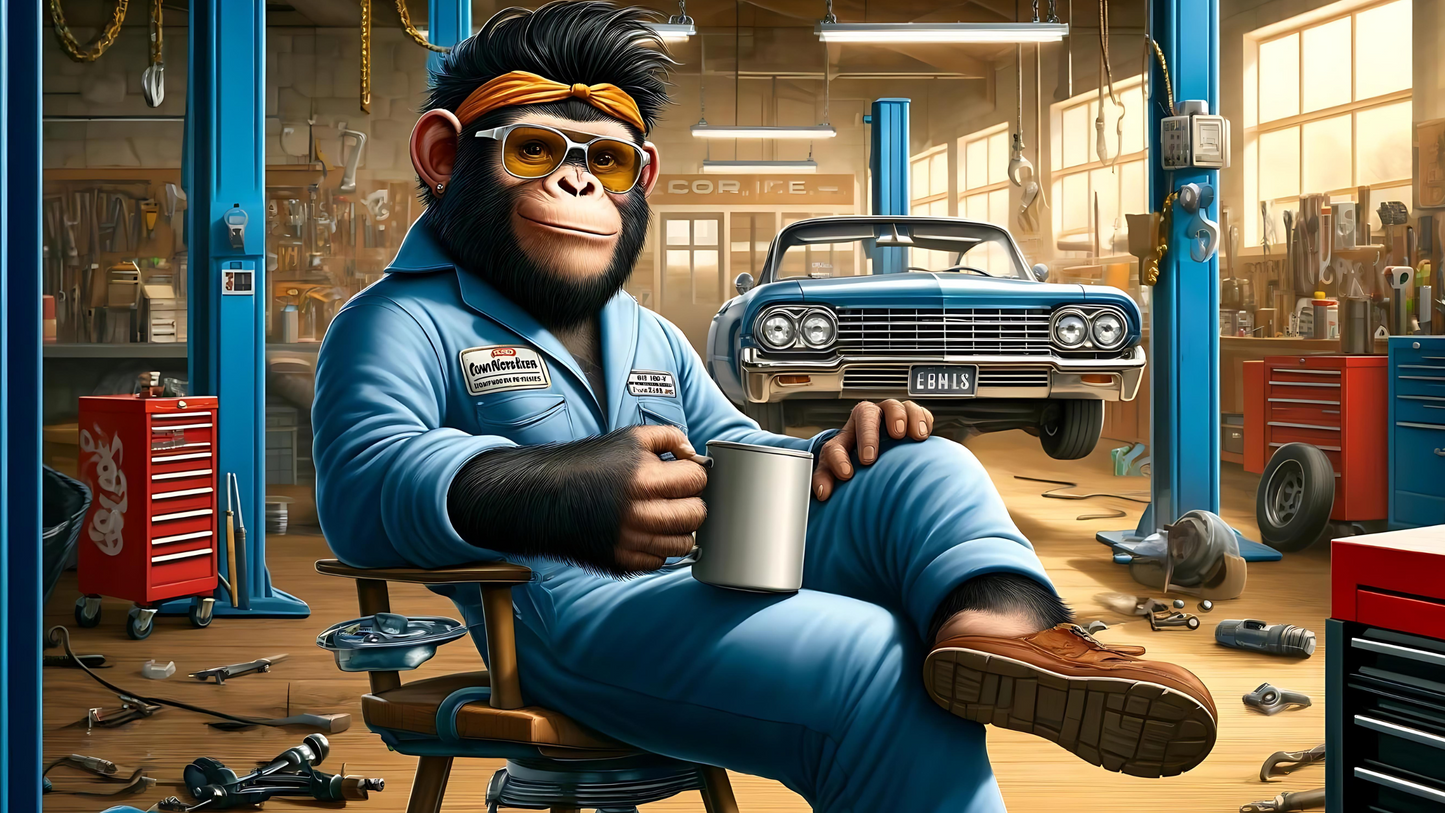 Poster "Relaxing Coffee Break - Cartoon-Style Ape Mechanic Poster for Garage Decor"