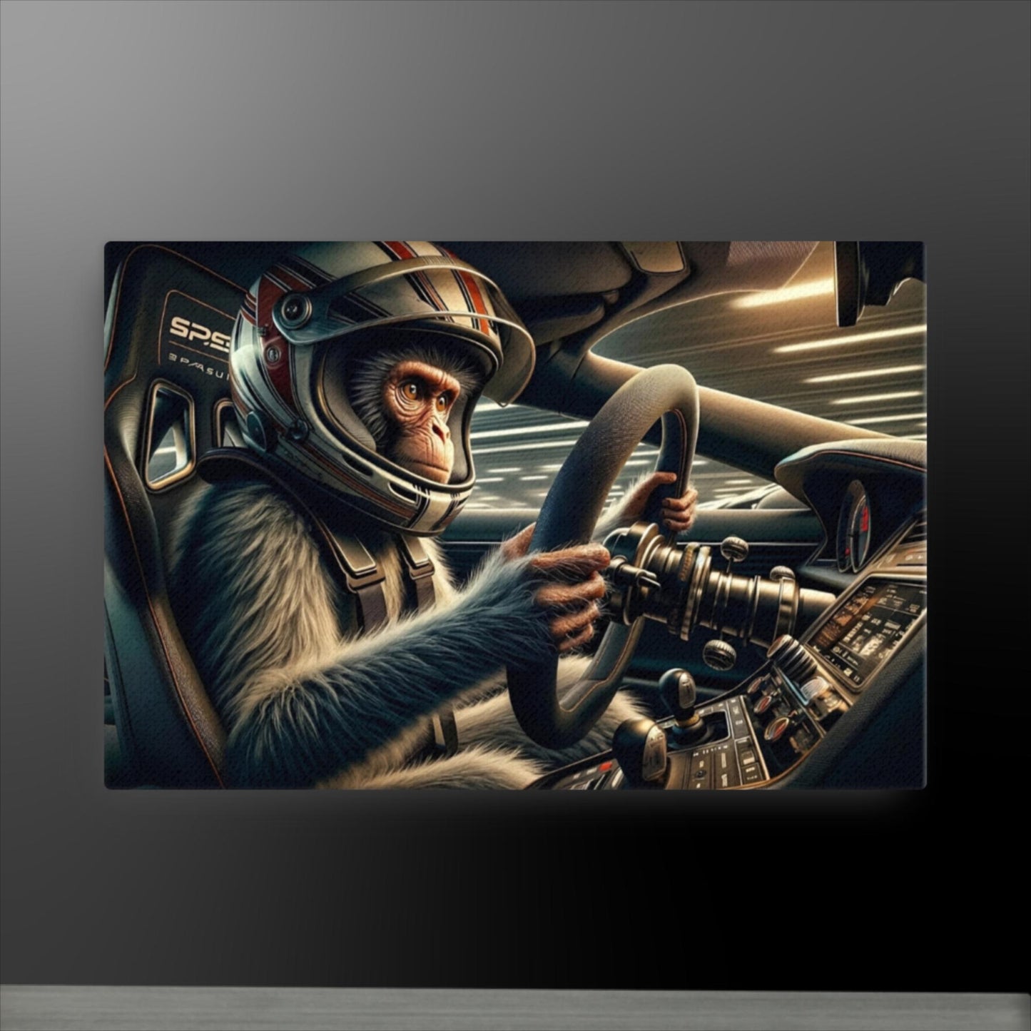 "Racing Whimsy: The Monkey at the Wheel" Canvas Art