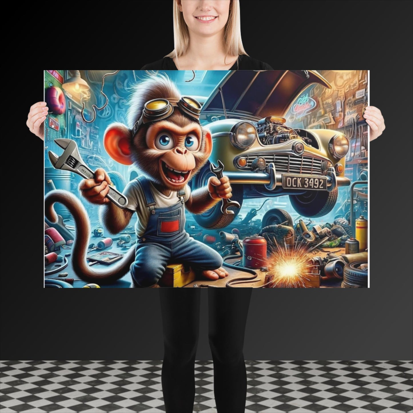 Poster, Chaos in the Garage: The Mischievous Monkey Mechanic