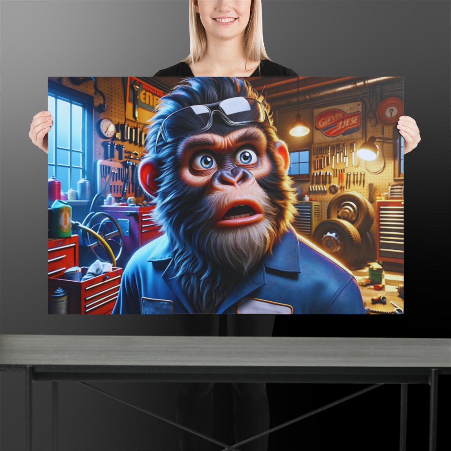 "Surprised Ape Mechanic Poster - Unique Cartoon-Style Art for Garage Decor"