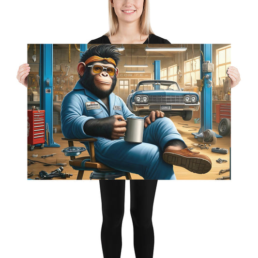 Poster "Relaxing Coffee Break - Cartoon-Style Ape Mechanic Poster for Garage Decor"