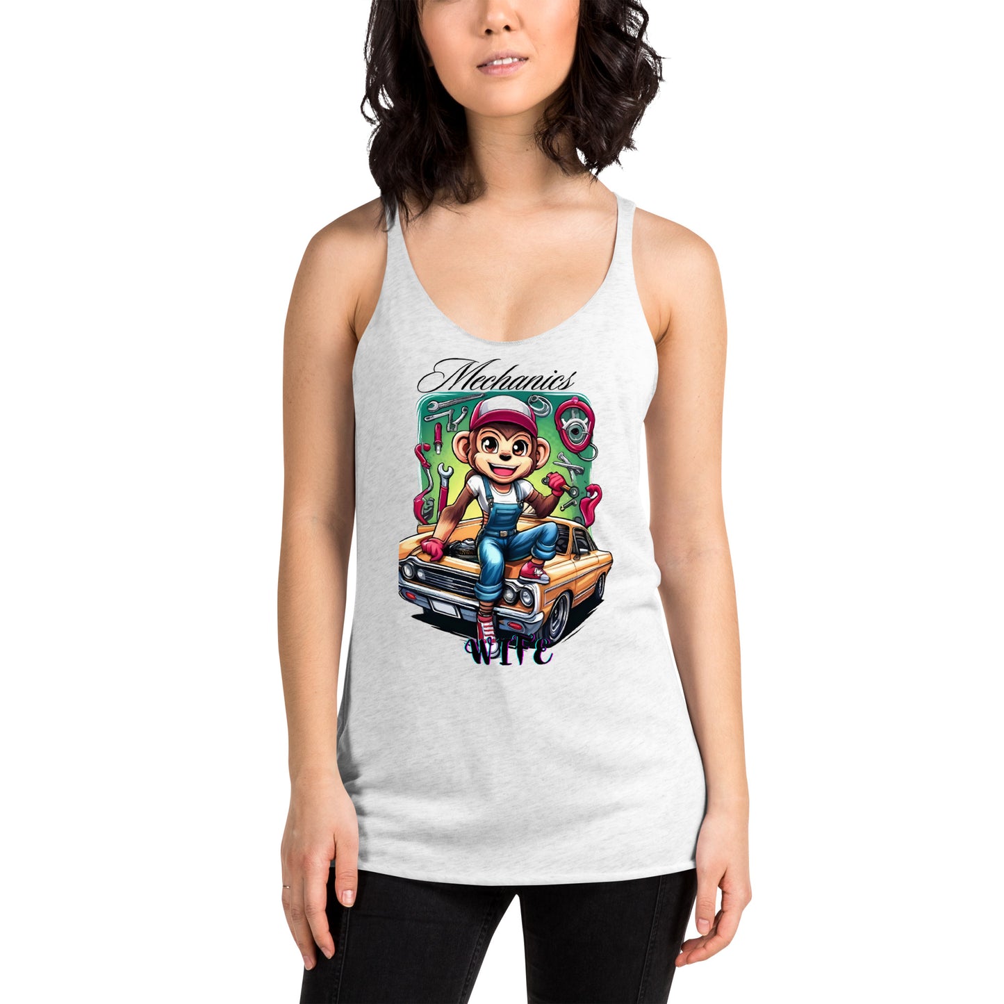 Mechanics Wife Tank Top with Playful Woman Monkey Mechanic