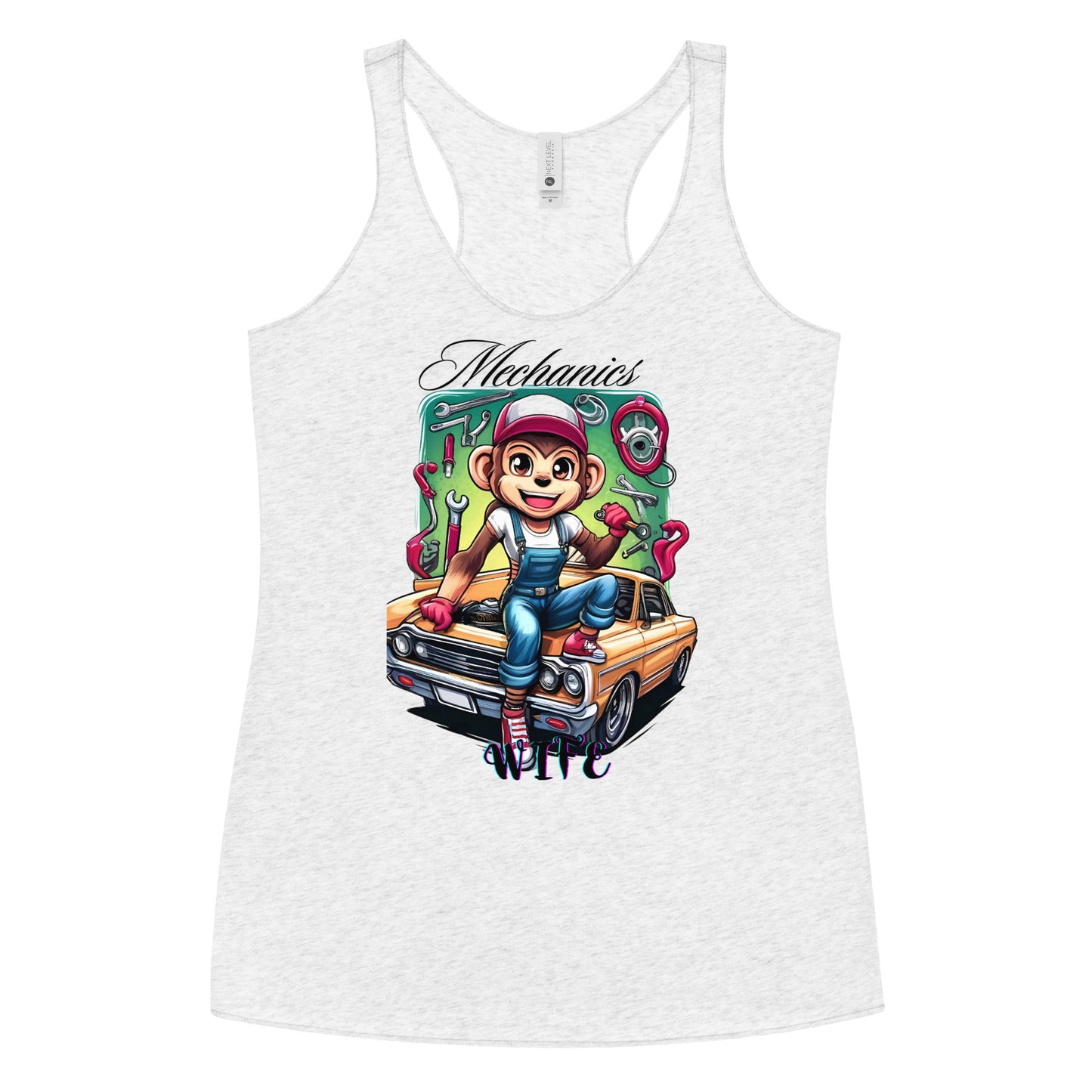 Mechanics Wife Tank Top with Playful Woman Monkey Mechanic