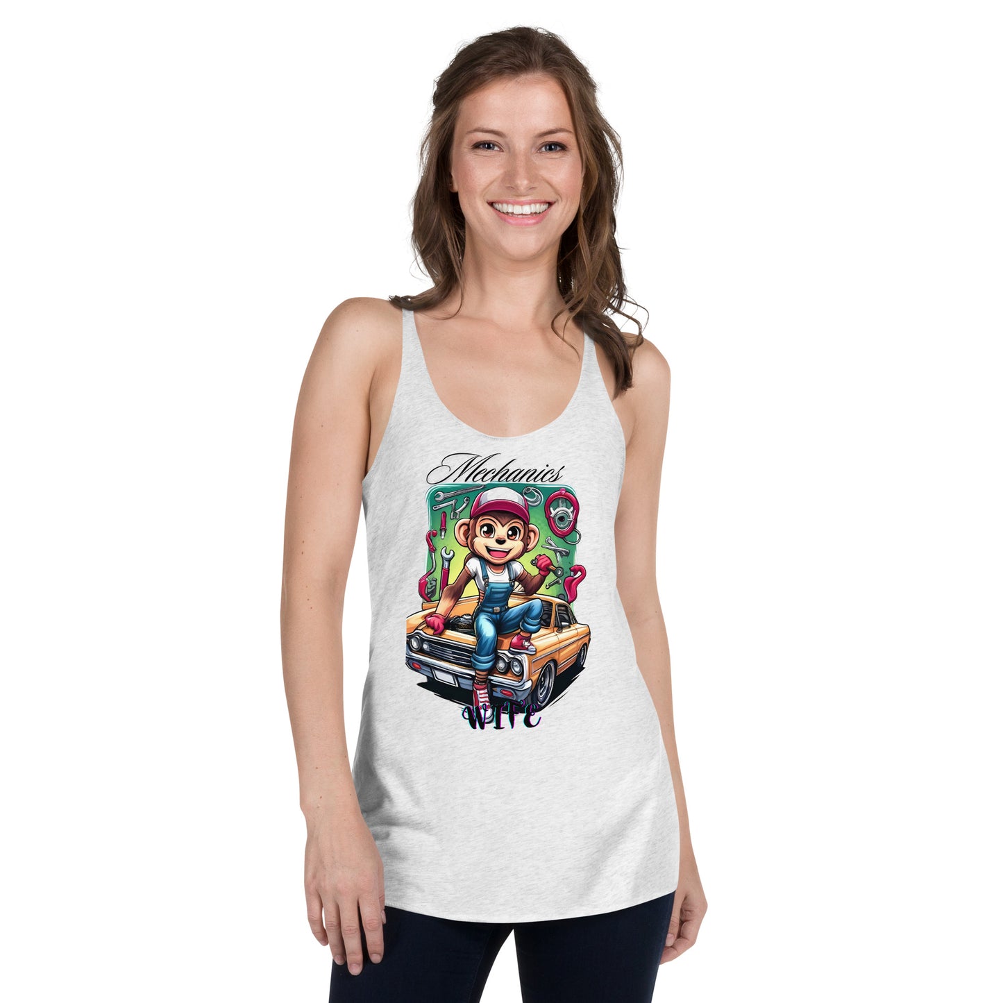 Mechanics Wife Tank Top with Playful Woman Monkey Mechanic